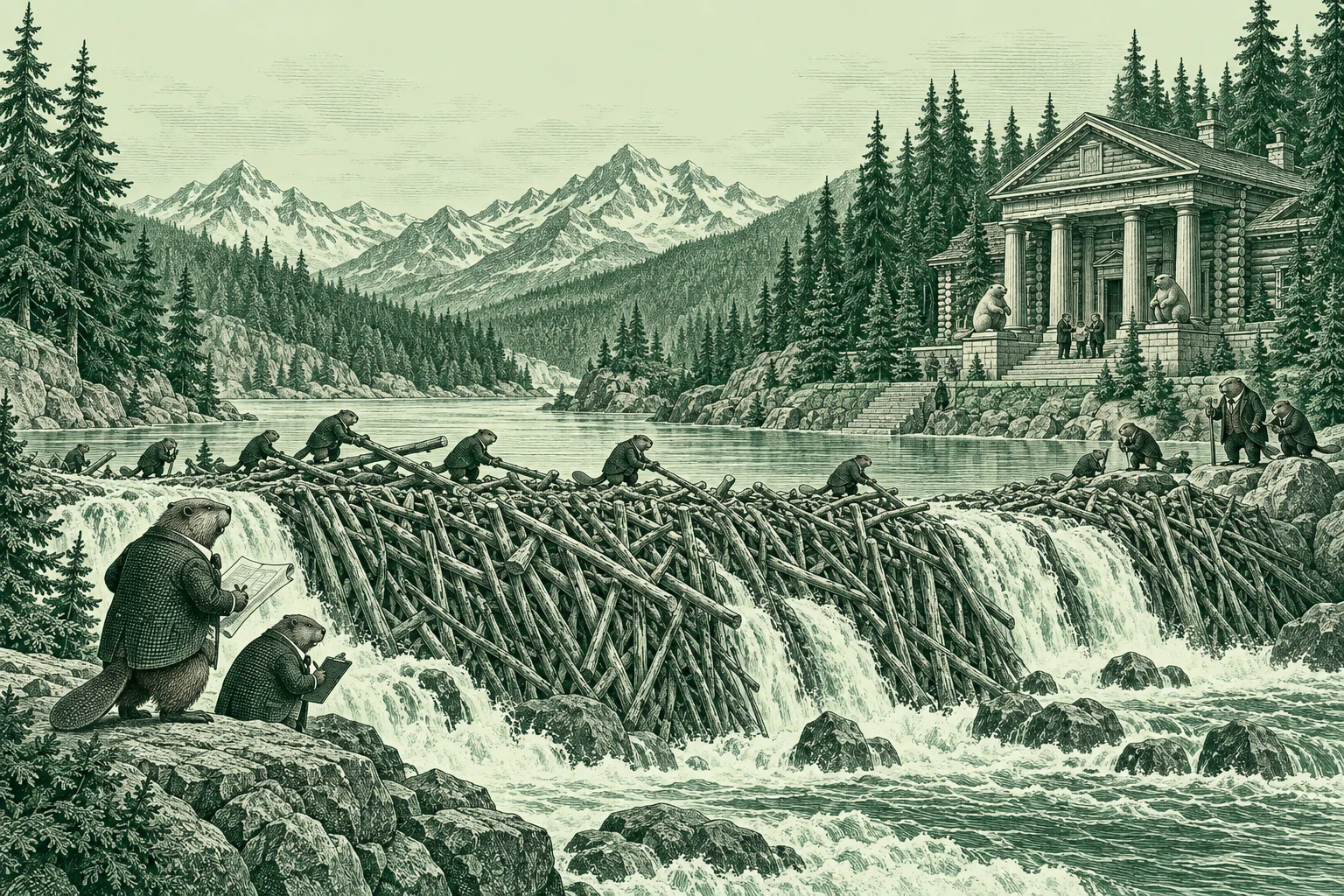 Engraved plan of a monumental beaver dam